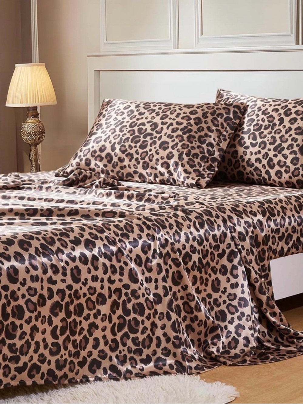 Queen Satin Leopard Print Sheet Set in Brown